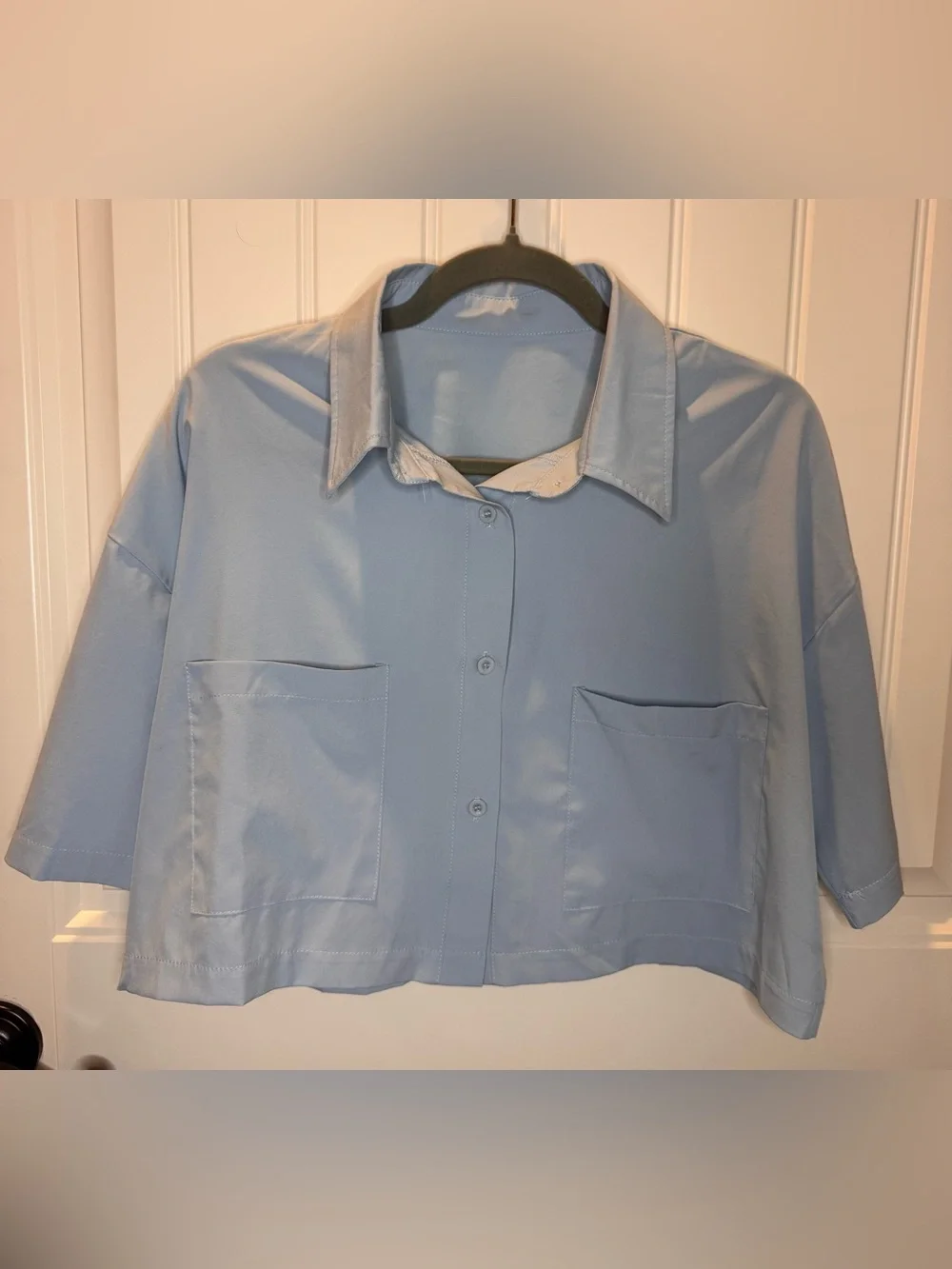 Light Blue Cropped Button-Up Shirt - Women Tops Medium - Picture 6 of 9
